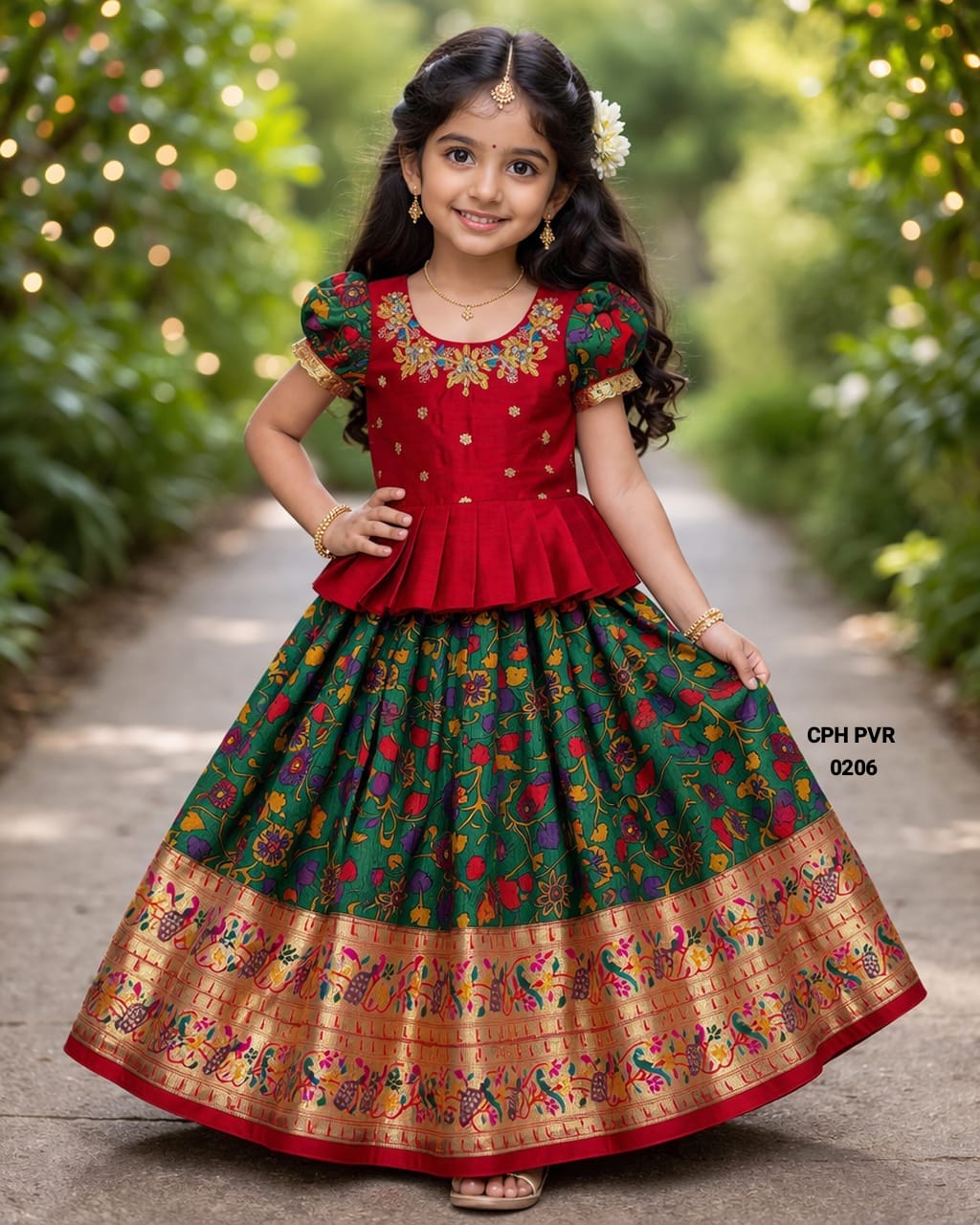 Maroon and Green Kids Pattu Pavadai Sattai